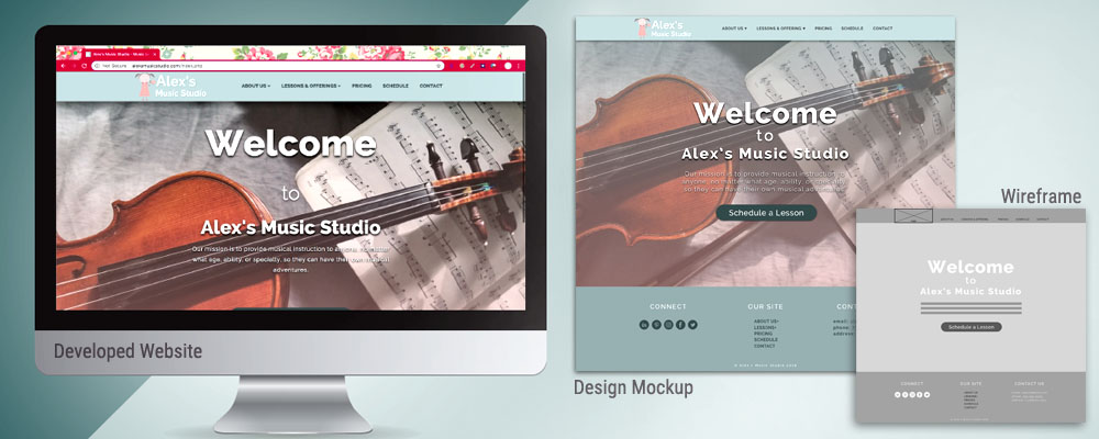 banner image for website design of Alex's Music Studio. It includes an image of the website displayed in a browser on a computer, a mockup design, and a wireframe design